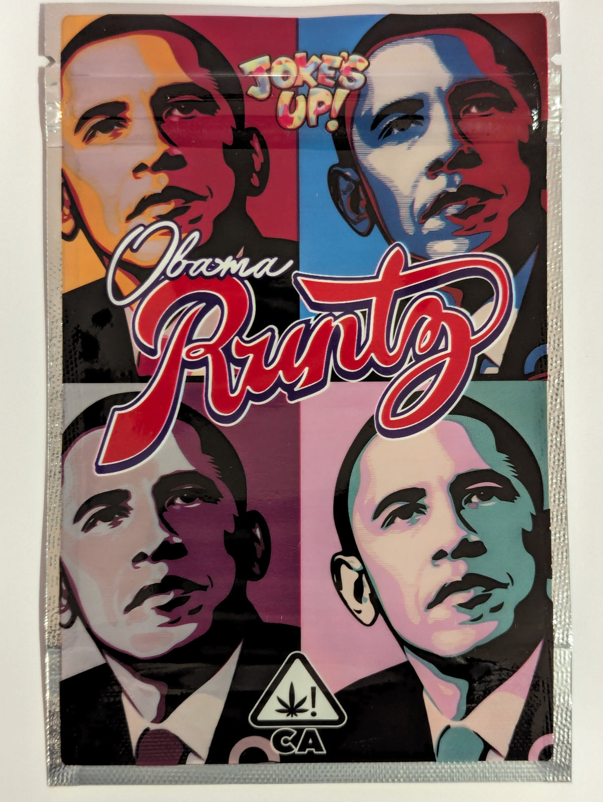 Smell-proof Obama Runtz Mylar bags from The Baggie Store, featuring resealable zipper and vibrant Runtz design.