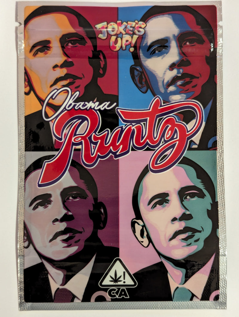 Smell-proof Obama Runtz Mylar bags from The Baggie Store, featuring resealable zipper and vibrant Runtz design.