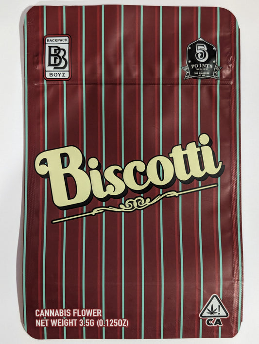 Smell-proof Biscotti Mylar bags by The Baggie Store, featuring durable, resealable packaging for secure storage.
