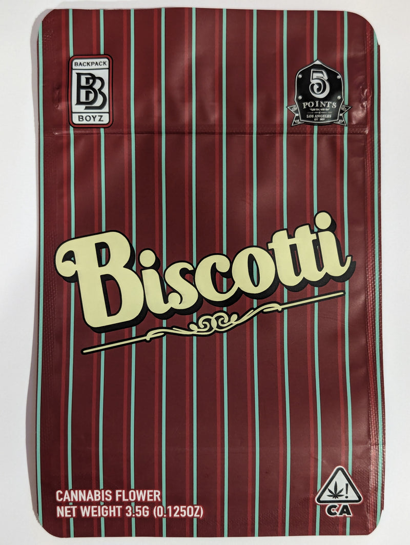 Smell-proof Biscotti Mylar bags by The Baggie Store, featuring durable, resealable packaging for secure storage.