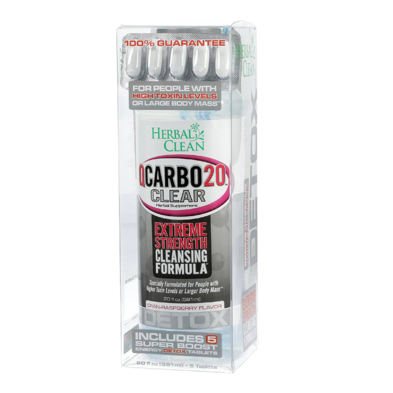TBS Supply Co QCarbo20 Herbal Clean Clear Same Day Detox Drink 20oz bottle for detoxification and cleansing purposes