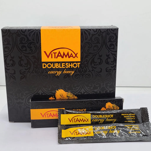 Vitamax Doubleshot Energy Honey for Him dietary supplement jar with honey and maca, designed to boost energy and vitality.
