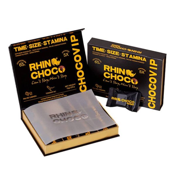 Rhino Choco Chocolate for Men, a box of chocolate treats with branded packaging, designed for men's health and energy.