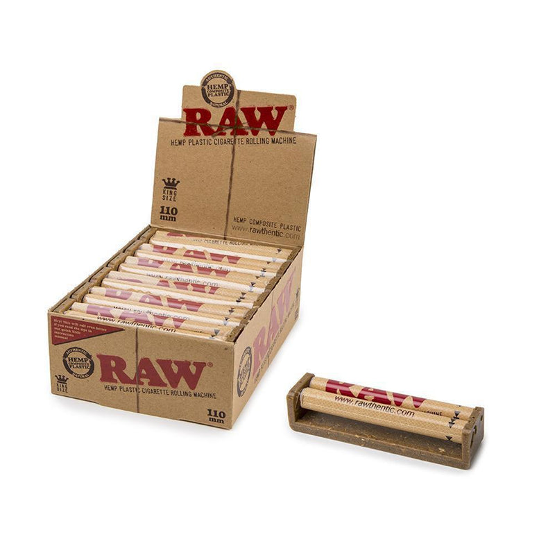 RAW 110mm rolling machine with a metal rolling tray for rolling cigarettes or herbs, featuring the RAW brand logo.