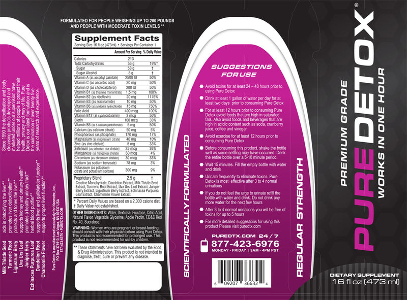 Pure Detox Regular Strength Detox 16oz bottle, natural herbal ingredients for cleansing and detoxification.