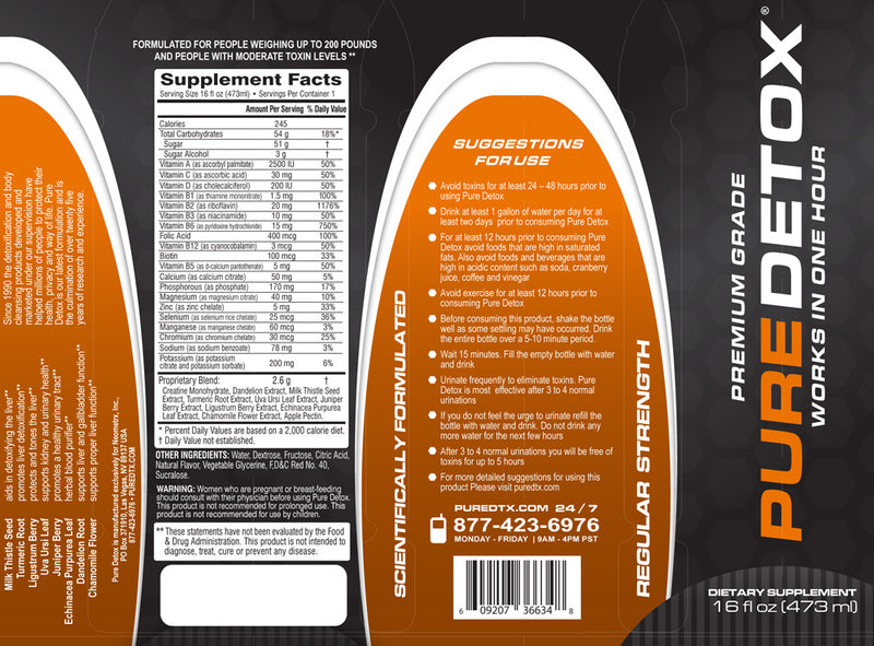 Pure Detox Regular Strength Detox 16oz bottle showing clear liquid and label with brand name and product details.