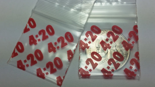 Resealable Original Apple Bags in 1.25x1.25 inches, featuring the 4:20 FOUR TWENTY design on clear packaging.