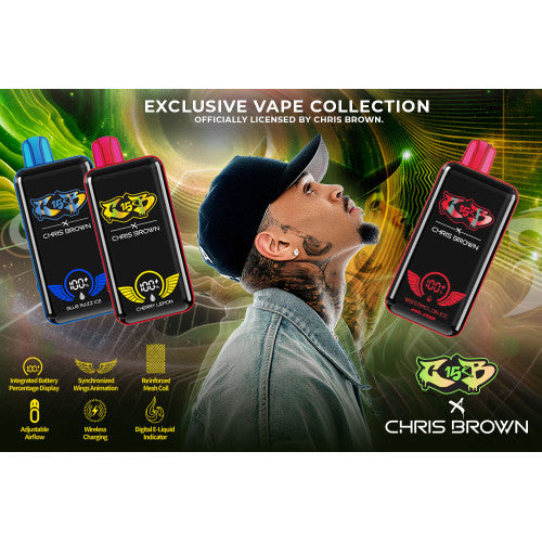 Chris Brown CB 15K disposable vape device with sleek design and branding, perfect for vaping on the go.