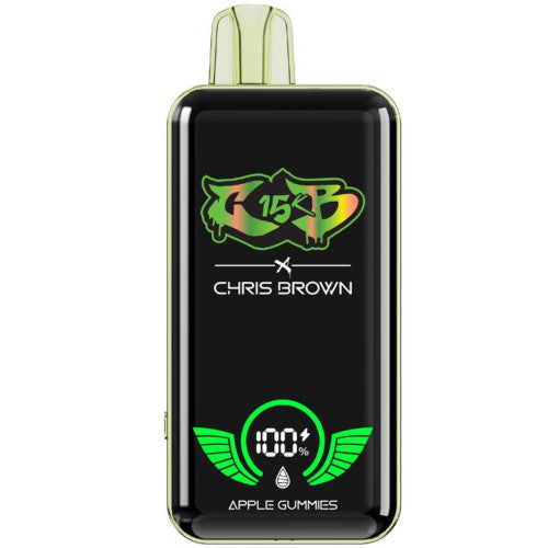 Chris Brown x CB 15K disposable vape device with sleek design and branding, ideal for convenient vaping on the go.