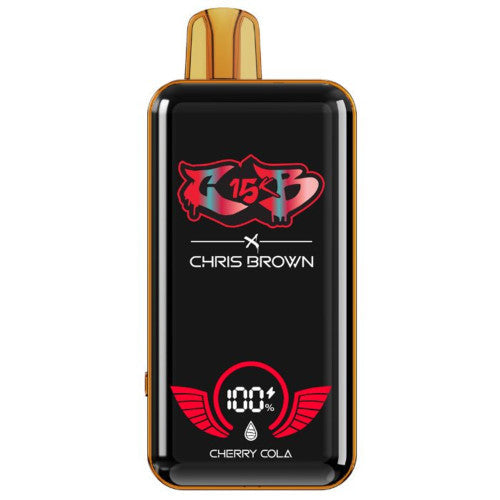 Chris Brown x CB 15K disposable vape device, sleek portable electronic cigarette with branding and digital display screen.