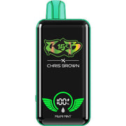 Chris Brown CB 15K disposable vape device with sleek design, compact size, and branding visible in a close-up shot.
