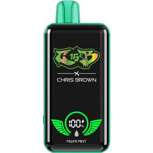 Chris Brown CB 15K disposable vape device with sleek design, compact size, and branding visible in a close-up shot.