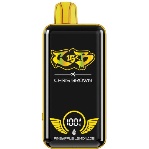 Disposable vape device from Chris Brown's CB 15K collection, featuring sleek design and branding on the Chris Brown x CB 15K disposable device.