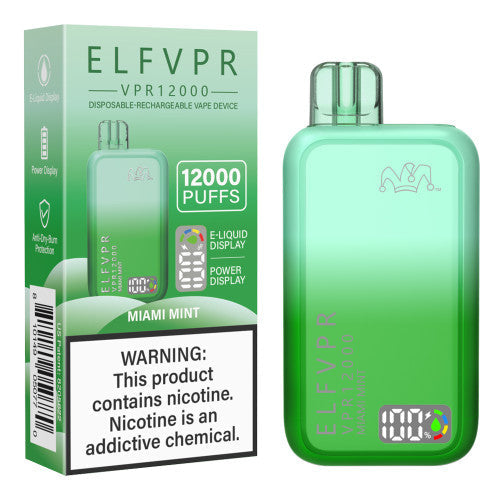 ELF VPR disposable vape with 12,000 puffs, compact design, black body, and sleek modern look.