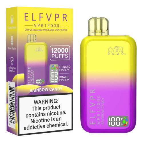 ELF VPR 12000 Puff disposable vape with sleek design and colorful branding, showing the portable device in a close-up view.