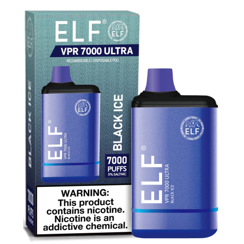 ELF VPR 7000 Puff disposable device in black with sleek design and LED indicator, designed for easy vaping use.