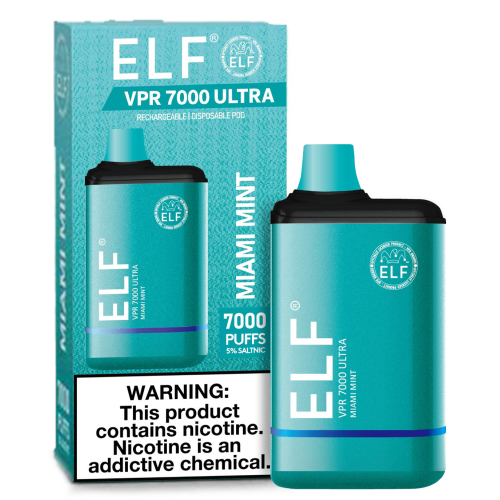 ELF VPR 7000 Puff disposable device with sleek design and compact size, featuring branding and visible puff count indicator.