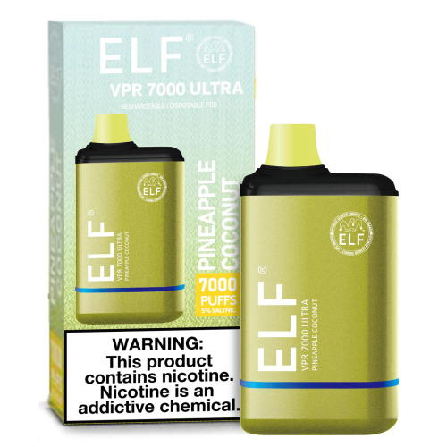 ELF VPR 7000 Puff disposable device, compact vape pen with sleek design, featuring the ELF VPR brand logo on the device.