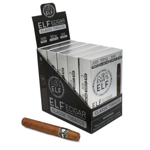 ELF VPR Elf Cigar Vape Disposable with 3000 classic tobacco puffs, featuring a sleek, portable design for vaping on the go.