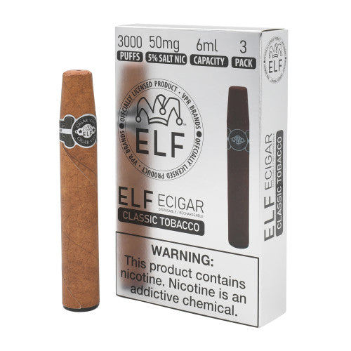 ELF VPR Elf Cigar Vape Disposable in Classic Tobacco flavor, showing the sleek black vape device with branding.