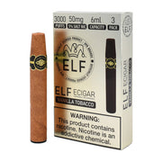 ELF VPR Elf Cigar Vape Disposable with 3000 classic tobacco puffs, compact electronic vape device in black and silver.