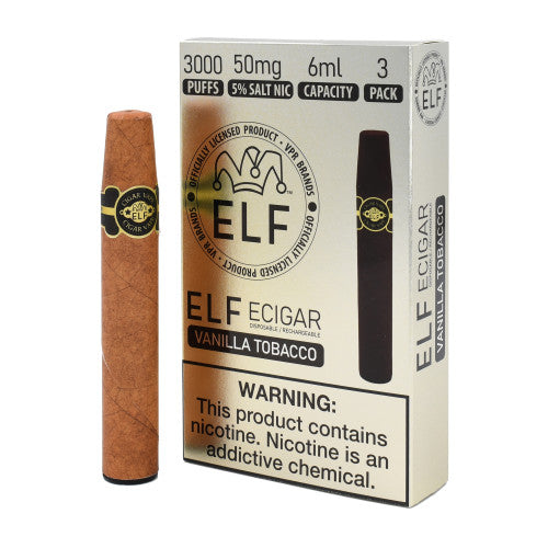 ELF VPR Elf Cigar Vape Disposable with 3000 classic tobacco puffs, compact electronic vape device in black and silver.