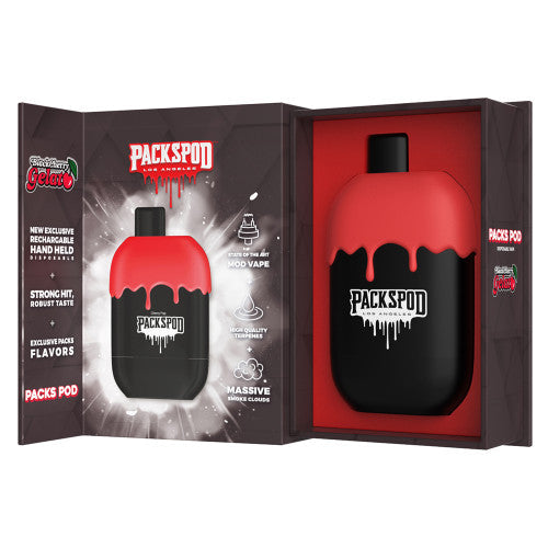 Disposable vape from PACKS with PACKSPOD 5000 Puff label, sleek design, and compact size for easy use and portability.