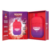 Disposable vape pack with PACKS PACKSPOD 5000 Puff logo, sleek design, and colorful branding on a white background.