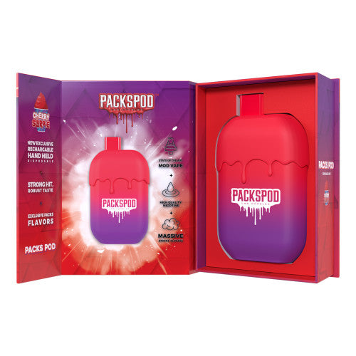 Disposable vape pack with PACKS PACKSPOD 5000 Puff logo, sleek design, and colorful branding on a white background.