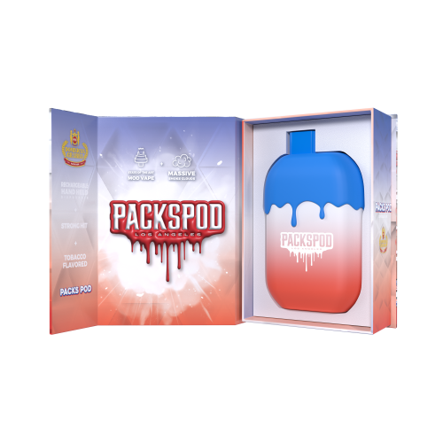Disposable vape device from PACKS with a sleek design, labeled as PACKSPOD 5000 Puff, featuring colorful branding and compact size.