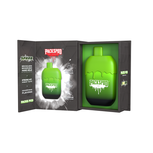 Disposable vape PACKS PACKSPOD 5000 Puff in sleek design with colorful branding and mouthpiece for easy vaping.