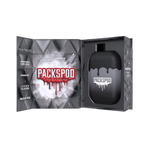 PACKS PACKSPOD 5000 Puff disposable vape in sleek design with colorful branding and mouthpiece for easy vaping.