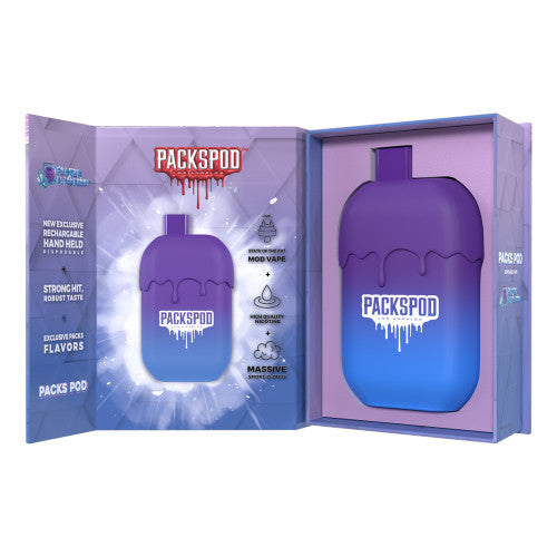 Disposable vape PACKS PACKSPOD 5000 Puff with sleek design and colorful packaging, designed for easy vaping on the go.