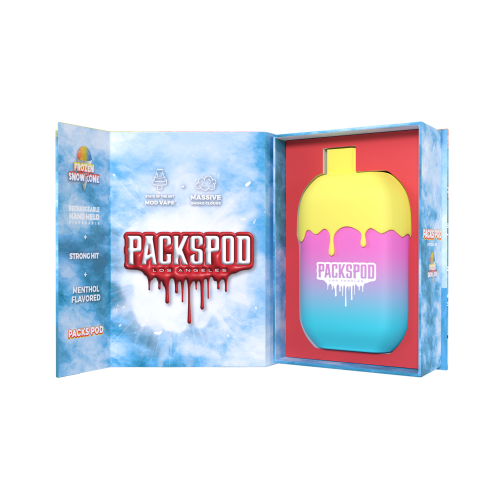 Disposable vape device by PACKS, PACKSPOD 5000 Puff, featuring sleek design and compact size for easy vaping on the go.