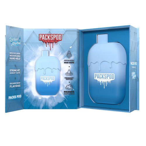 PACKS PACKSPOD 5000 Puff disposable vape with sleek design and colorful branding, showcasing the portable e-cigarette device.