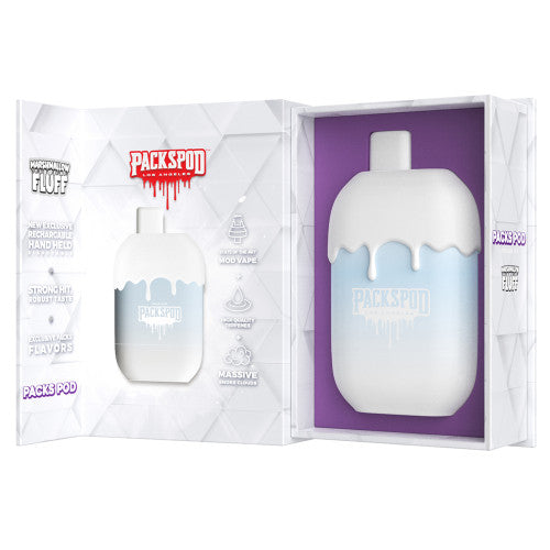 Disposable vape from PACKS PACKSPOD 5000 Puff with sleek design and compact size, featuring colorful branding and mouthpiece.
