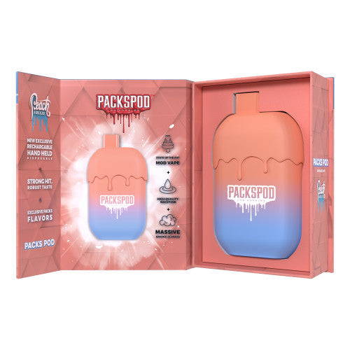PACKS PACKSPOD 5000 Puff disposable vape in sleek design with colorful branding and mouthpiece, ready for vaping.