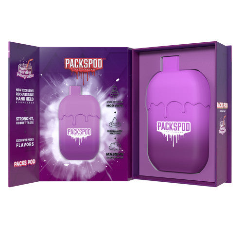 Disposable vape PACKS PACKSPOD 5000 Puff in sleek design with colorful branding and mouthpiece for easy vaping.