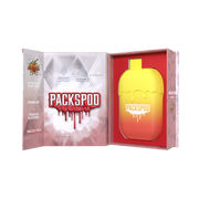 Disposable vape device from PACKS with PACKSPOD 5000 Puff branding, featuring sleek design and colorful flavor accents.