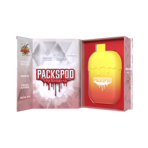 Disposable vape device from PACKS with PACKSPOD 5000 Puff branding, featuring sleek design and colorful flavor accents.