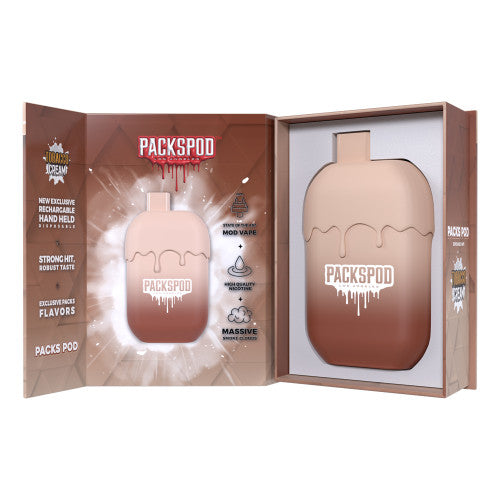 PACKS PACKSPOD 5000 Puff disposable vape in sleek design with colorful branding, showcasing a portable vaporizer for on-the-go use.