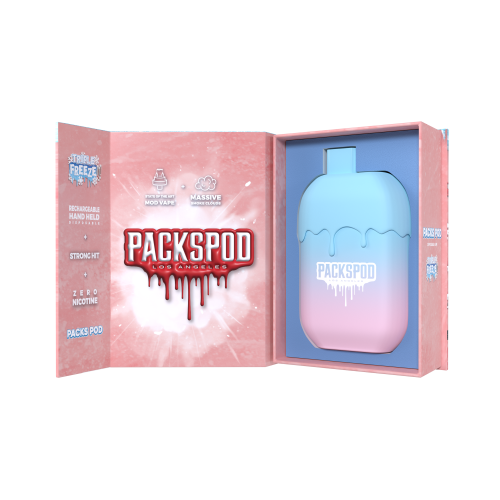 Disposable vape device from PACKS, PACKSPOD 5000 Puff, featuring sleek design and compact size for easy vaping.