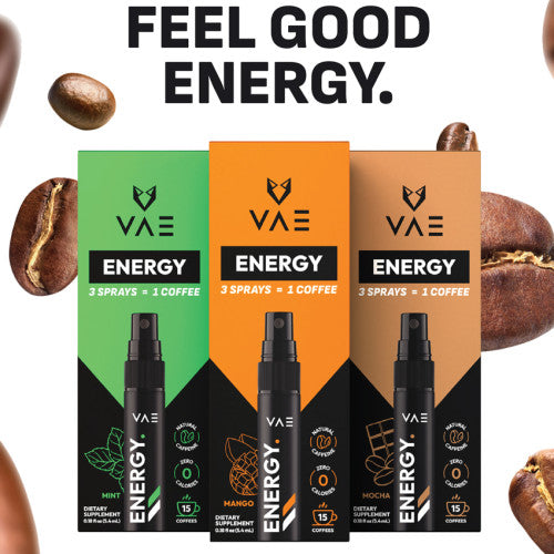 VAE Energy Spray bottle with label, compact and cylindrical, designed for convenient energy boost.
