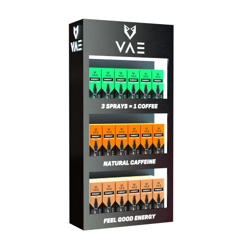 VAE ENERGY SPRAY bottle with black and white packaging, featuring the VAE logo and product name on a white background.
