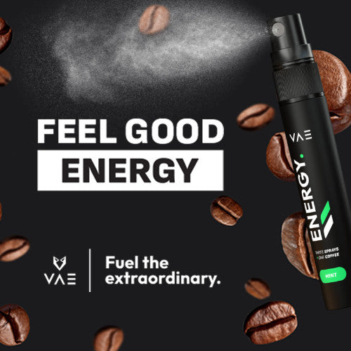 VAE Energy Spray bottle with label, spray nozzle, and vibrant design, showcasing the VAE brand and product packaging.