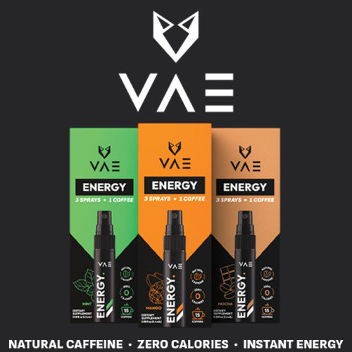 VAE Energy Spray bottle with vibrant label, compact design for quick energy boost, handheld spray for easy use.