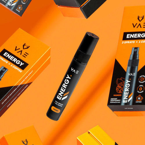 VAE Energy Spray bottle with blue and white packaging, promoting energy and vitality.