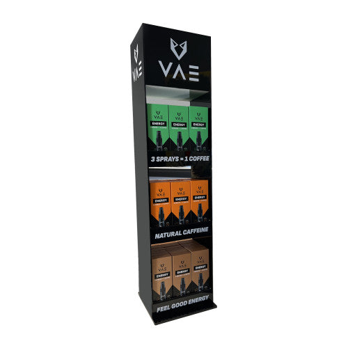 VAE Energy Spray bottle with label showing the VAE brand, featuring vibrant colors and product details on the packaging.