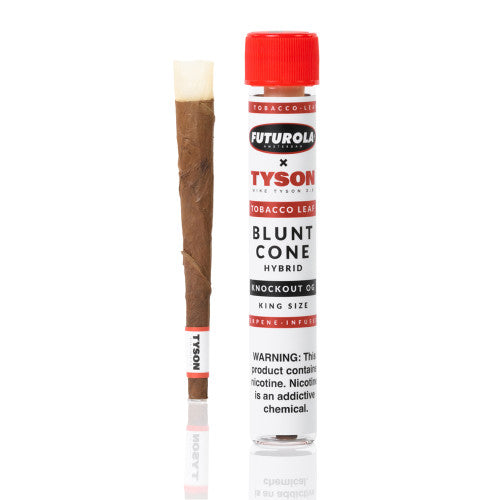 FUTUROLA x TYSON hybrid blunt cone with tobacco leaf, featuring a smoked tobacco appearance and natural rolled cone design.
