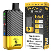 Wave Turbo 25000 disposable vape device, sleek design with mouthpiece and branding visible, designed for smooth vaping experience.